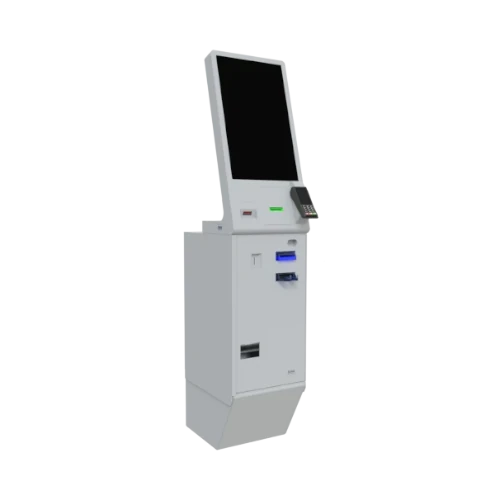 Kiosco de autoservicio con módulo reciclador de efectivo, terminal automatizada para recibir billetes y monedas, y dispensar cambio sin necesidad de personal