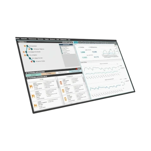 Interfaz del sistema de monitoreo y gestión centralizada de recaudo de peajes, panel de control en tiempo real de transacciones, ingresos