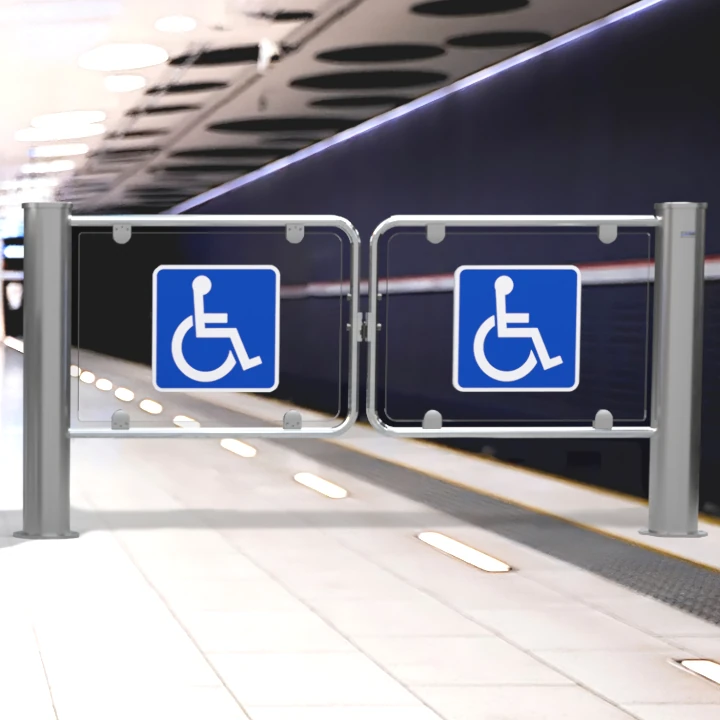 Puerta abatible utilizada como acceso de cortesía para el paso de personas con discapacidad, equipaje o cochecitos, puede equiparse con lectores biométricos o validadores de tarjetas sin contacto.