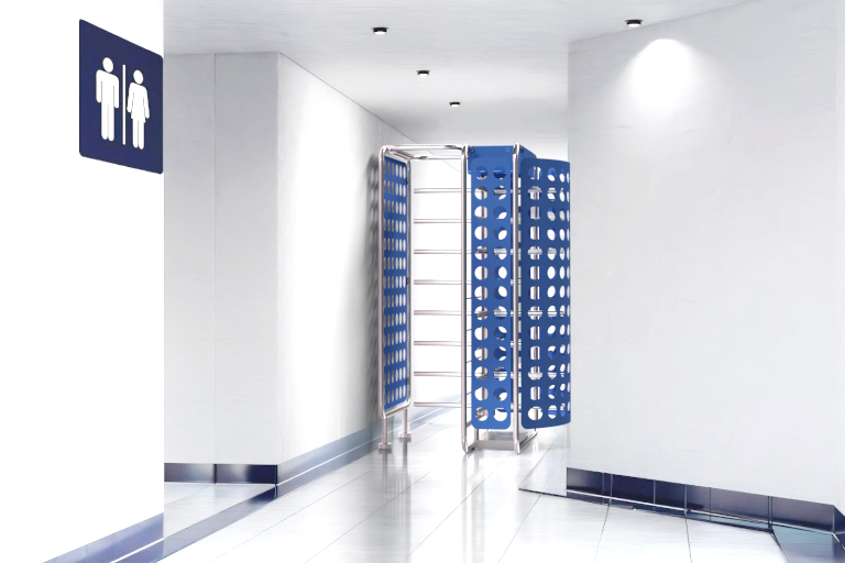 Torniquete de altura completa diseñado específicamente para el control de acceso y gestión de pago en sanitarios públicos, opcional lectores biométricos o validadores de tarjetas sin contacto